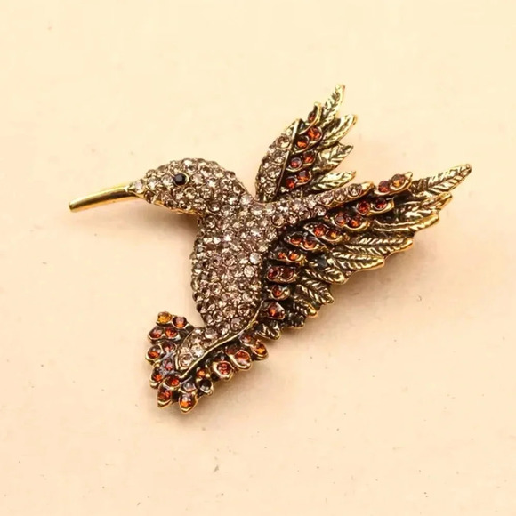Hummingbird Brown Crystal Pin Brooch - Picture 1 of 10